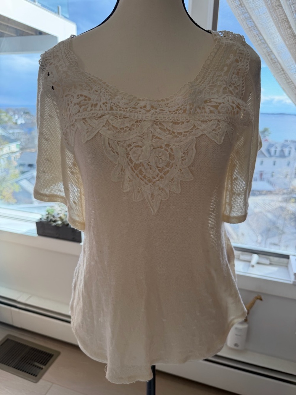 Deletta Cream Crochet Lace Yoke Short Sleeve Top-s Anthropologie